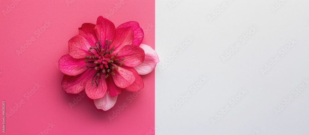 Fototapeta premium Flat lay top-down view of a pink clove flower set against a pink and white background with ample copy space.