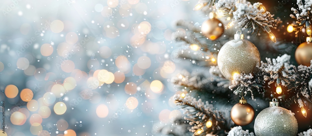 Fototapeta premium A lovely Christmas tree adorned with medium golden balls and small bulbs, with white snow decoration, offering copy space on the left, set against a blurred background with beautiful bokeh.
