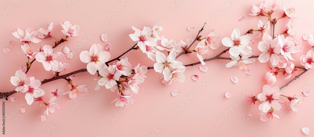 Creative concept featuring a blossoming cherry branch against a pastel backdrop, ideal for a spring-themed image with copy space. Creative concept featuring a blossoming cherry branch against a pastel backdrop, ideal for a spring-themed image with copy space.
