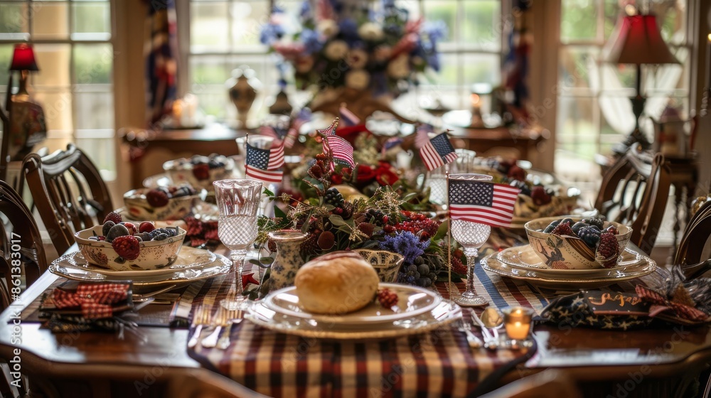 A festive table setting with red, white, and blue decorations. Perfect for a patriotic holiday gathering. A festive table setting with red, white, and blue decorations. Perfect for a patriotic holiday gathering.