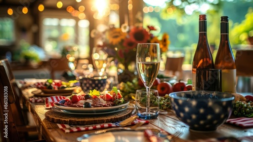 A festive summer table setting with patriotic decor, wine, and food.