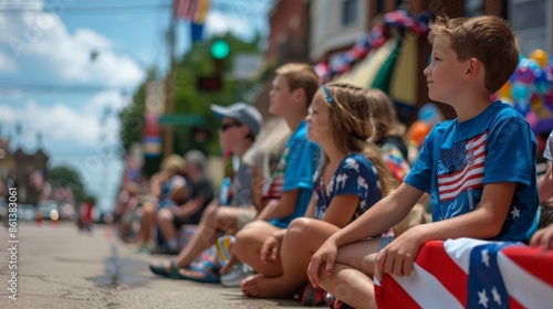 Children seated on the curb, watching a parade in a festive atmosphere.