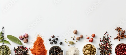 Fototapeta Naklejka Na Ścianę i Meble -  Collection of various Indian spices and herbs displayed on a white backdrop in a top-down view, offering ample copy space for food, vegetable, spice, and herb designs or other creative content.