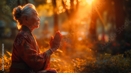 Older Asian woman practicing tai chi, meditation and praying in the temple photo