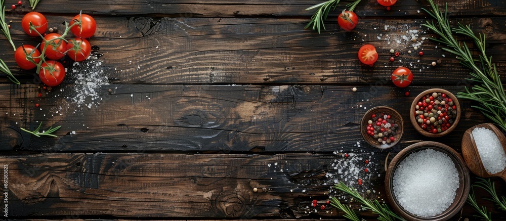 Dark wooden table with various cooking ingredients, like sea salt, pepper, rosemary, and tomatoes, creating a top-view copy space image. Dark wooden table with various cooking ingredients, like sea salt, pepper, rosemary, and tomatoes, creating a top-view copy space image.