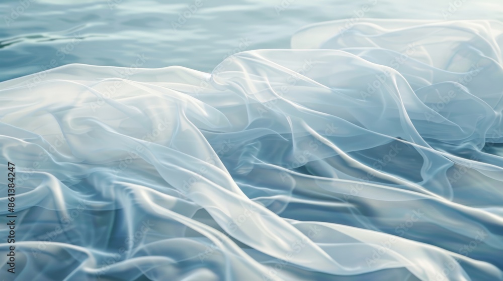 Obraz premium Wispy strands of fabric caught in the breeze gliding and swirling above the calm surface of a lake.
