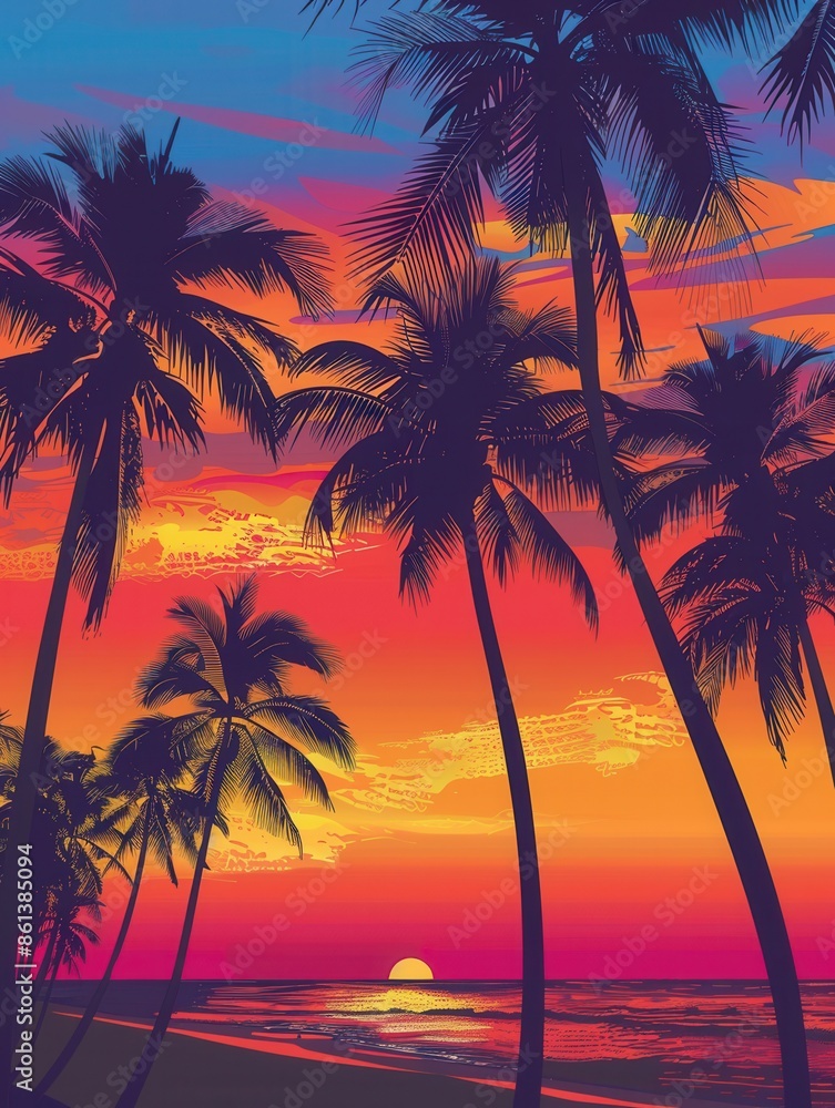 A picturesque scene of palm trees silhouetted against a vibrant sunset on a tropical beach. Generative AI A picturesque scene of palm trees silhouetted against a vibrant sunset on a tropical beach. Generative AI