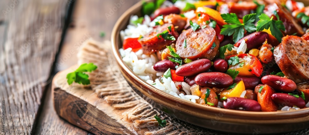 A delicious dish of sausage, vegetables, and red beans served over rice, with a background ideal for adding text or graphics - copy space image. A delicious dish of sausage, vegetables, and red beans served over rice, with a background ideal for adding text or graphics - copy space image.
