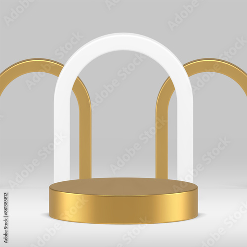 Luxury 3d golden cylinder podium pedestal with arch for presentation realistic vector