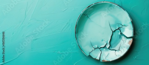 An image featuring a cracked plate with layers of separation displayed against a turquoise background, with space for adding text or other elements. copy space available photo