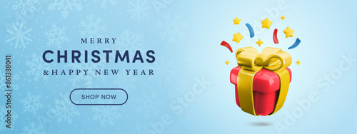Vector Cartoon 3d Merry Christmas horizontal banner, festive red gift box, greetings, button shop now on blue textured background with snowflakes. 3d render cute present with gold bow, confetti, stars