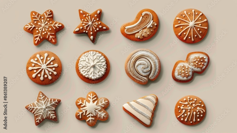 A collection of twelve festive gingerbread cookies decorated with white icing in various shapes and designs. A collection of twelve festive gingerbread cookies decorated with white icing in various shapes and designs.