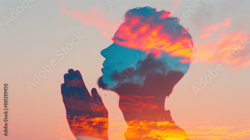 A silhouette of a man praying with a vibrant sunset sky overlayed on his head, symbolizing hope, faith, and inner peace. photo