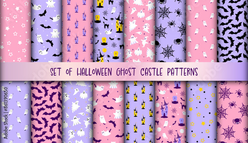 Vector set of Halloween seamless patterns set. Cute pink, purple and yellow spooky print with ghost cat, bat, spider, grave, dark castle. Purple Halloween backgrounds collection for wrapping, decor.