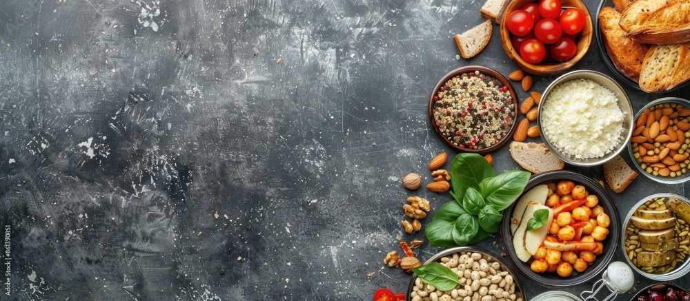 Top-down view of a diverse range of food products showcased on a grey stone surface, with ample copy space image. Top-down view of a diverse range of food products showcased on a grey stone surface, with ample copy space image.
