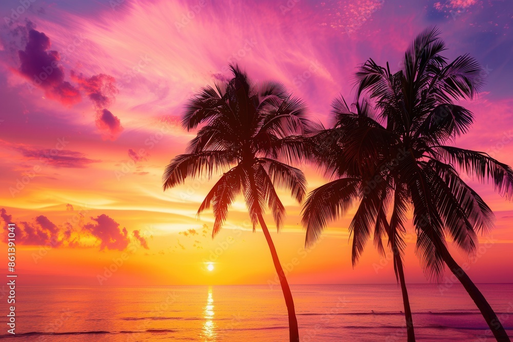 A vibrant sunset paints the sky in hues of orange, pink, and purple as two palm trees stand silhouetted against the horizon on a serene tropical beach. Generative AI A vibrant sunset paints the sky in hues of orange, pink, and purple as two palm trees stand silhouetted against the horizon on a serene tropical beach. Generative AI