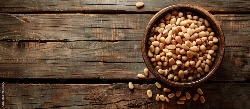 Top view of a bowl with pine nuts on a wooden background, providing space for a text overlay or other elements in the image. copy space available Top view of a bowl with pine nuts on a wooden background, providing space for a text overlay or other elements in the image. copy space available