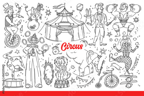 Circus performers and animals entertain spectators during performances in tent. Clowns or acrobats from traveling circus train dogs and lions or perform magic tricks. Hand drawn doodle