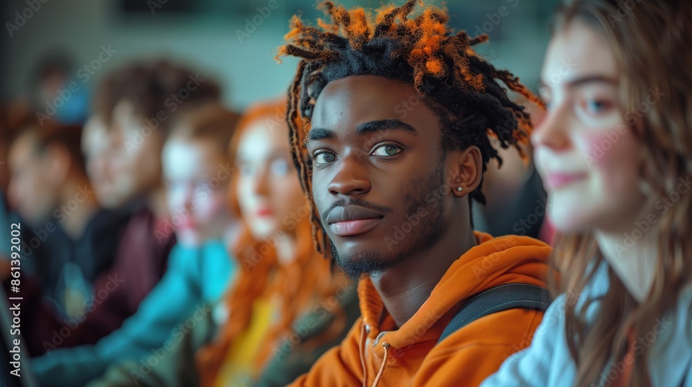 Young Man With Orange Dreadlocks Looking Directly at Camera in a Crowd Young Man With Orange Dreadlocks Looking Directly at Camera in a Crowd