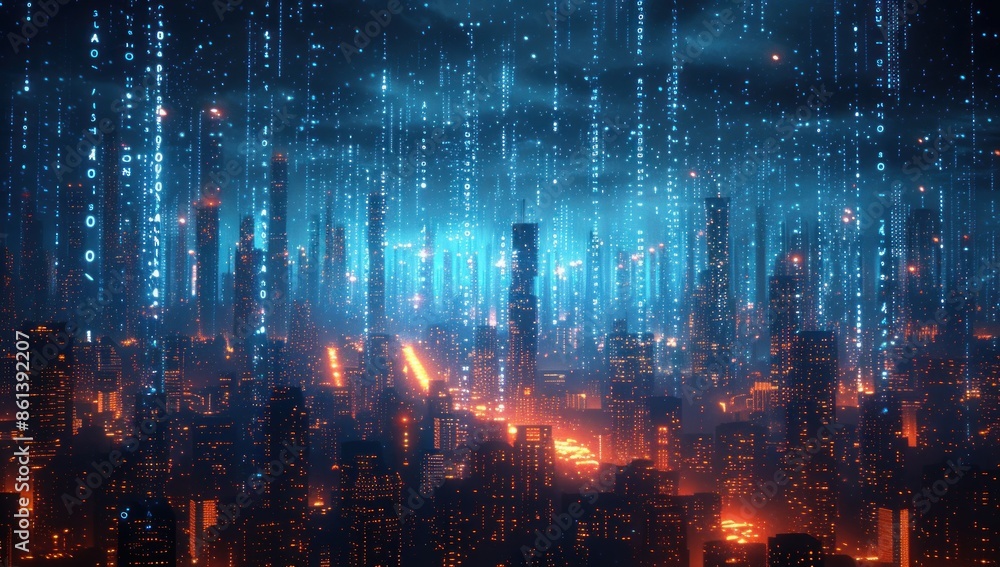 Fototapeta premium Digital Rain Over A Futuristic Cityscape