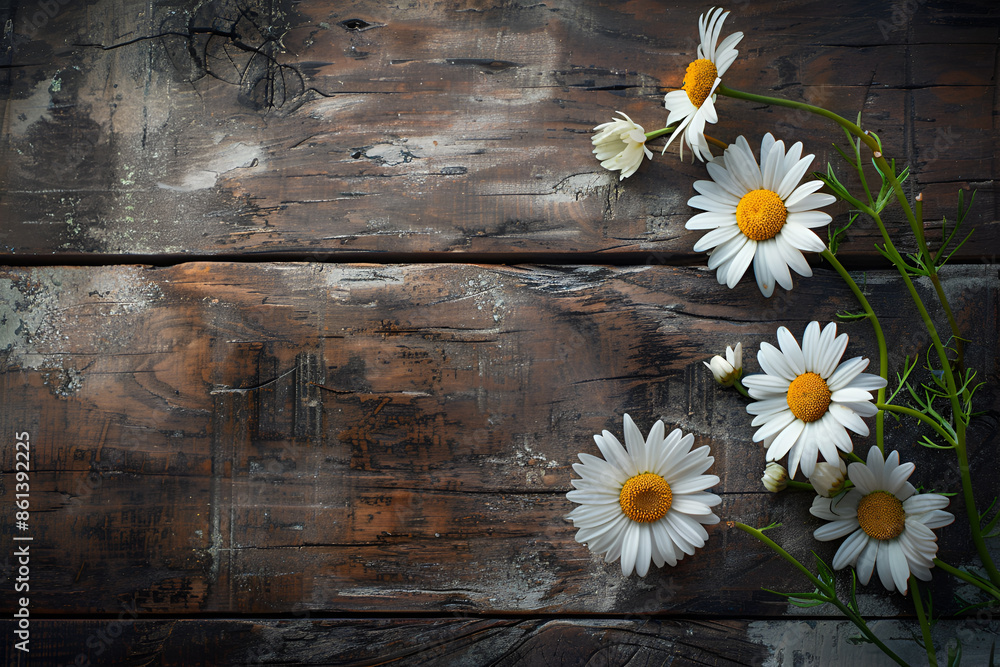 Obraz premium Background of chamomile flower on an old blue wood board.