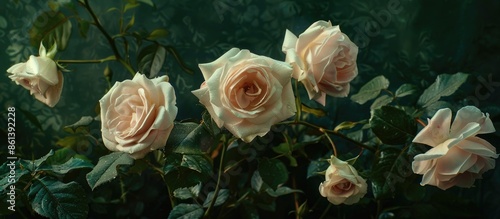 Fototapeta Naklejka Na Ścianę i Meble -  Copy space image of pale pink roses in the garden with a painterly close-up against a dark green backdrop, evoking a serene ambiance.