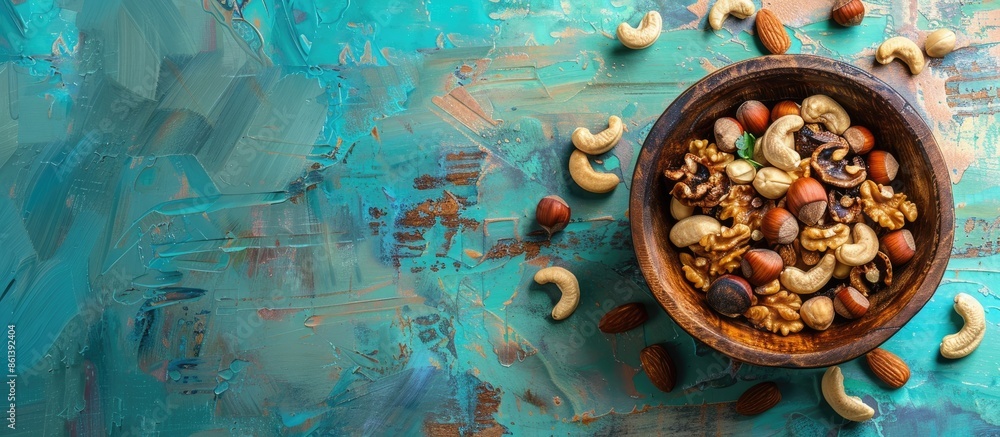 Top view of a wooden bowl on a colorful table filled with a variety of nuts like cashews, hazelnuts, walnuts, and almonds, with ample copy space in the image. Top view of a wooden bowl on a colorful table filled with a variety of nuts like cashews, hazelnuts, walnuts, and almonds, with ample copy space in the image.