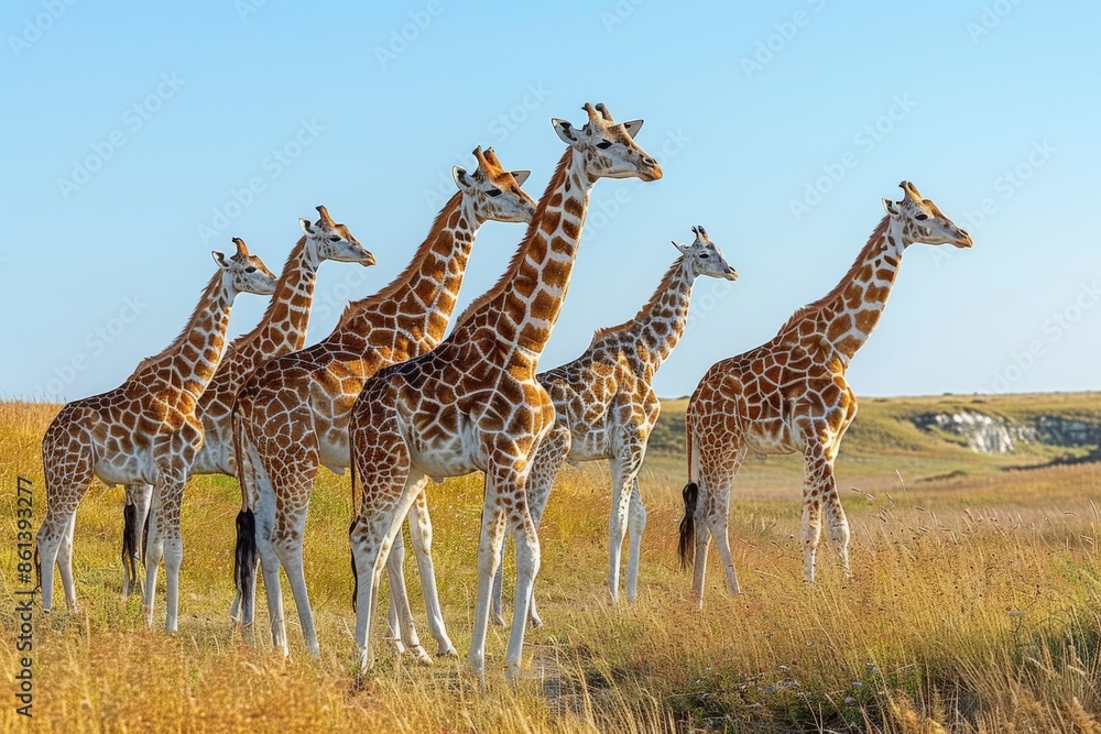 Obraz premium An inspiring image of a group of giraffes standing gracefully in a sunlit savannah, showcasing the elegance and beauty of these magnificent animals in their natural habitat.