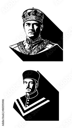 Early 20th century portraits of monarchs wearing a crown. Vector silhouette