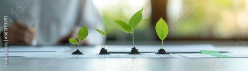 Business meeting with charts and green graphs, sustainable finance, corporate green investment planning
