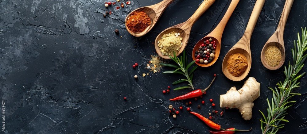Top view of a black background with wooden spoons holding dry spices like ginger, rosemary, and chili pepper, creating a condiments and seasoning concept with copy space image.