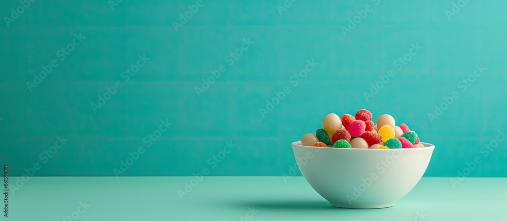 Bowl filled with colorful dragees on a green table background with copy space image. Bowl filled with colorful dragees on a green table background with copy space image.
