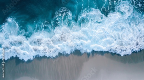 Waves with beach background top view. Holidays illustration generated by ai © tanibond
