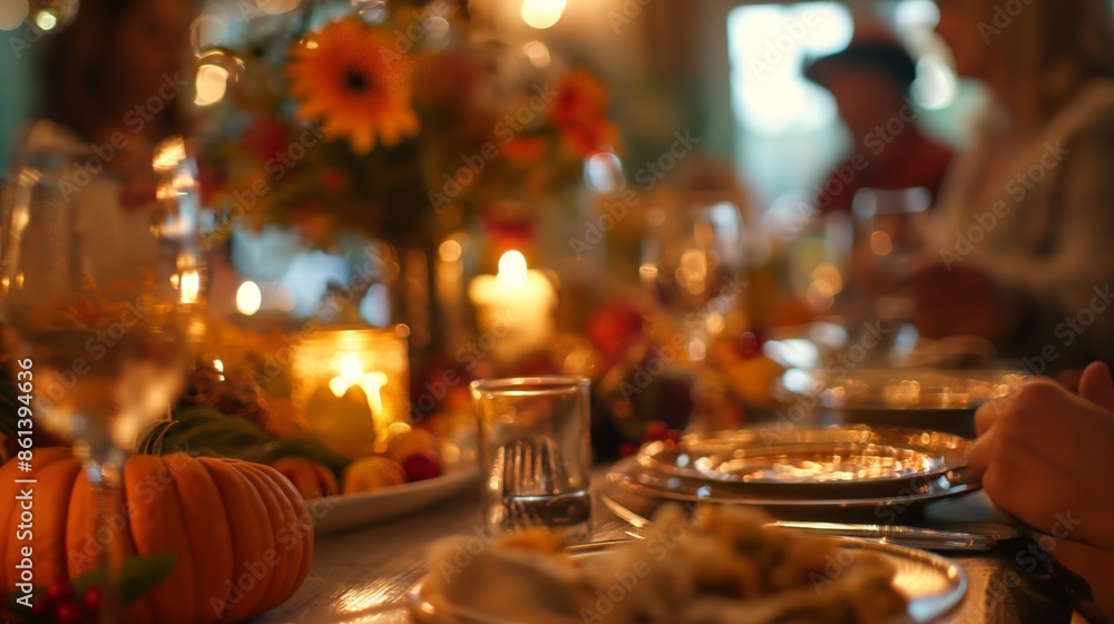 A candlelit dinner table beautifully decorated with pumpkins, flowers, and seasonal elements, evoking a warm and celebratory autumn ambiance. A candlelit dinner table beautifully decorated with pumpkins, flowers, and seasonal elements, evoking a warm and celebratory autumn ambiance.