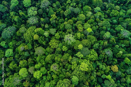 Aerial view of lush green tropical rainforest canopy, showcasing dense vegetation and natural beauty.