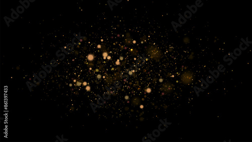 Golden dust light png. Christmas glowing bokeh confetti and sparkle overlay texture for your design. Stock royalty free vector illustration. PNG	