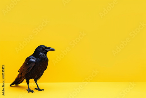 a black bird standing on a yellow surface photo