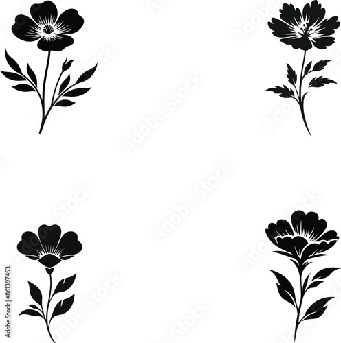 A silhouette design on a pure white background featuring a flower set