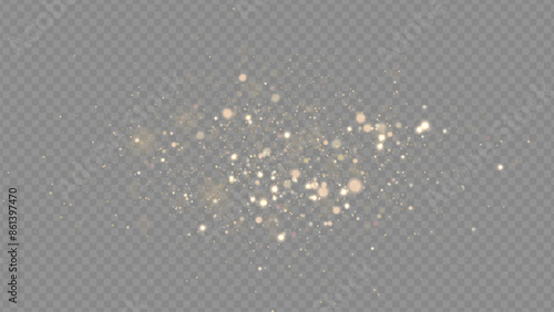 Golden dust light png. Christmas glowing bokeh confetti and sparkle overlay texture for your design. Stock royalty free vector illustration. PNG	