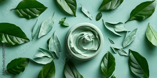 Eco-friendly cosmetic cream with leaf design on a light blue background. Concept Eco-friendly Beauty Products, Sustainable Skincare, Leaf Design, Light Blue Background, Natural Cosmetics photo