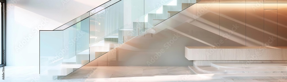 Obraz premium Contemporary staircase with clean lines, glass railings, and minimalistic design, highlighting modern architecture