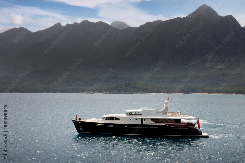 Luxury yacht. Motorboat at Mediterranean Sea. Coast of Turkey. Luxury life. Luxury yacht. Motorboat at Mediterranean Sea. Coast of Turkey. Luxury life.
