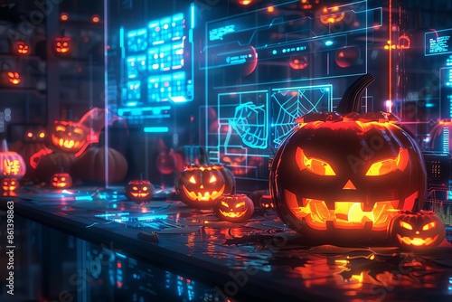 Digital Halloween background with glowing jackolanterns and holographic displays, Modern, Digital art, High contrast