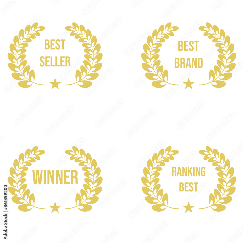 Set of simple gold Laurel Wreath isolated white background. Collection winner ranking Frame in trendy Minimalist flat style. Luxury vector illustration can used template for award design. EPS 10