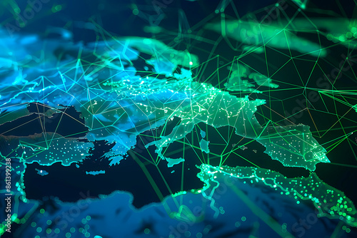 A glowing network map of Europe showcasing dense interconnecting lines, symbolizing digital communication, infrastructure, and technological advancement across the continent.