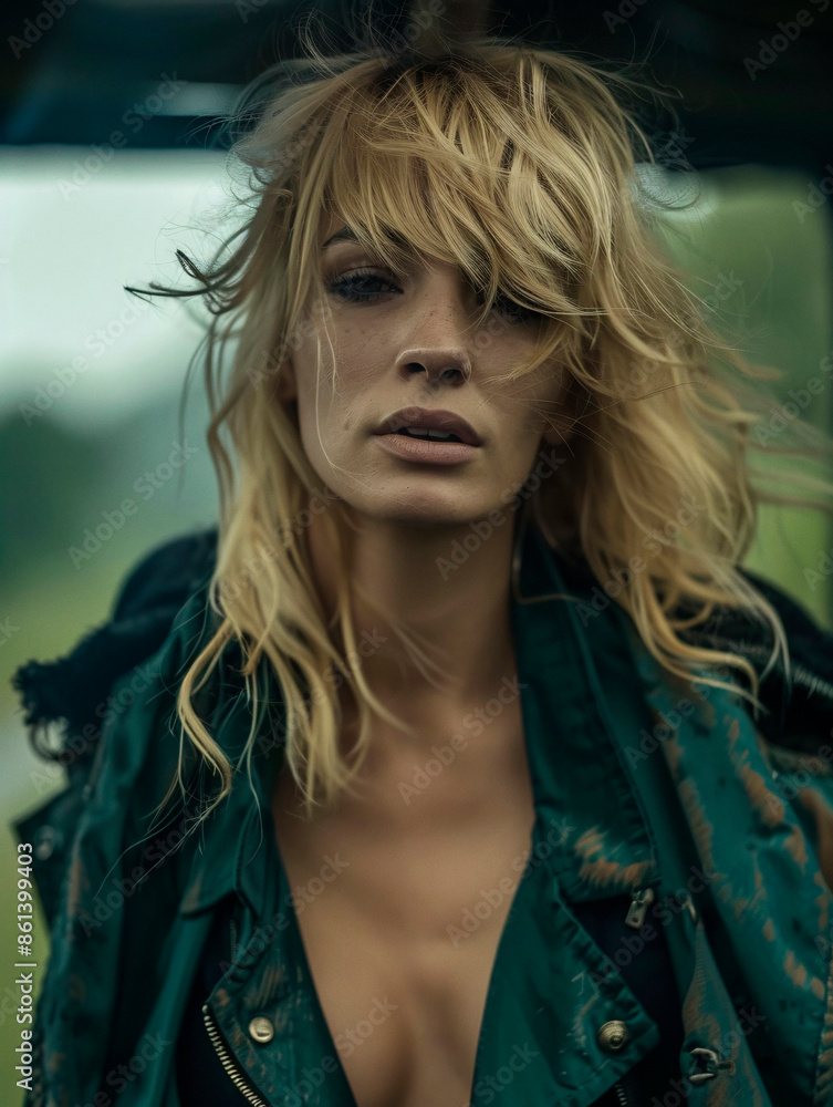 A blonde woman in a heavy jacket, posing in a windy outdoor scene, with tousled hair and a determined expression, capturing a raw and adventurous vibe. A blonde woman in a heavy jacket, posing in a windy outdoor scene, with tousled hair and a determined expression, capturing a raw and adventurous vibe.
