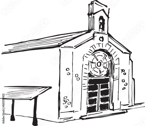 San Juan of Gaztelugatxe hermitage ink illustration. Religion building structure in Spain vector drawing. Spanish tourist attraction line illustration. Black and white isolated simple style. 