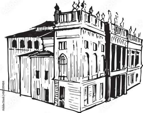 Vienna state opera ink illustration. Austria landmark sketches. Tourist attraction vector drawing isolated. Architecture black and white simple drawings. 