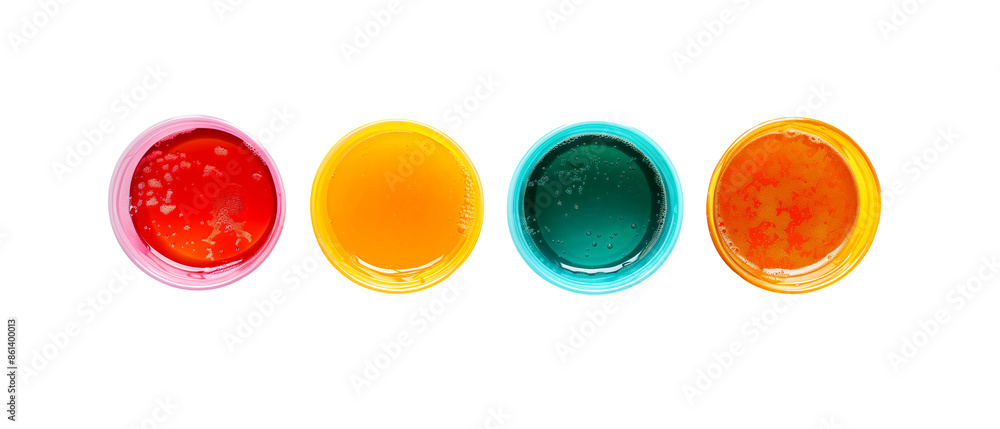 Assorted soda beverages in plastic cups on white or transparent background, top view, flat lay Assorted soda beverages in plastic cups on white or transparent background, top view, flat lay