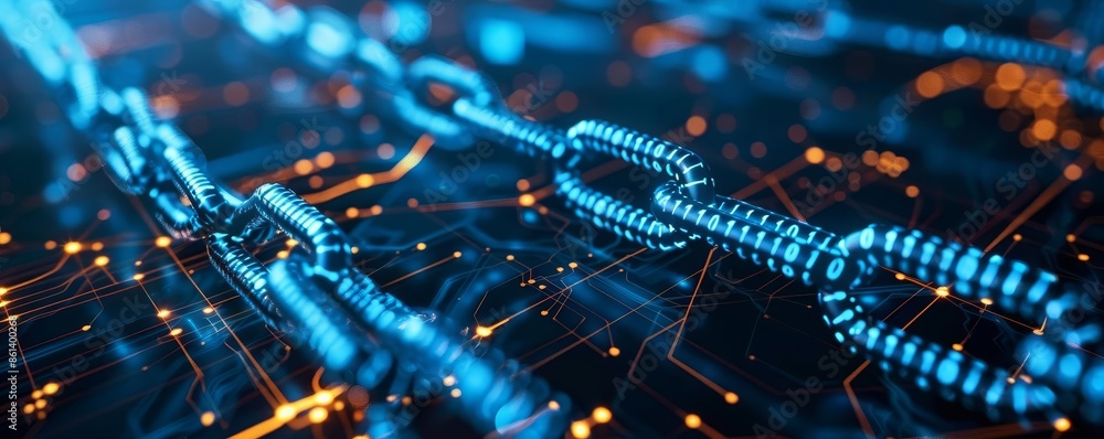 Futuristic blockchain technology concept with glowing chains on a digital background, representing secure data transmission. Futuristic blockchain technology concept with glowing chains on a digital background, representing secure data transmission.
